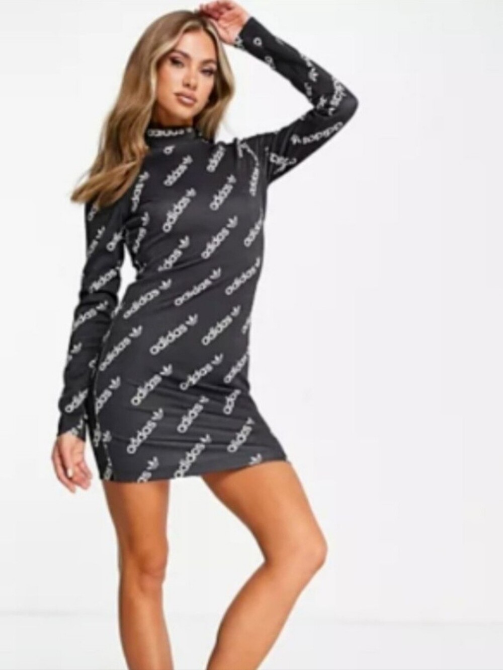 adidas Black Allover Logo Long-Sleeve Mini Dress 🖤